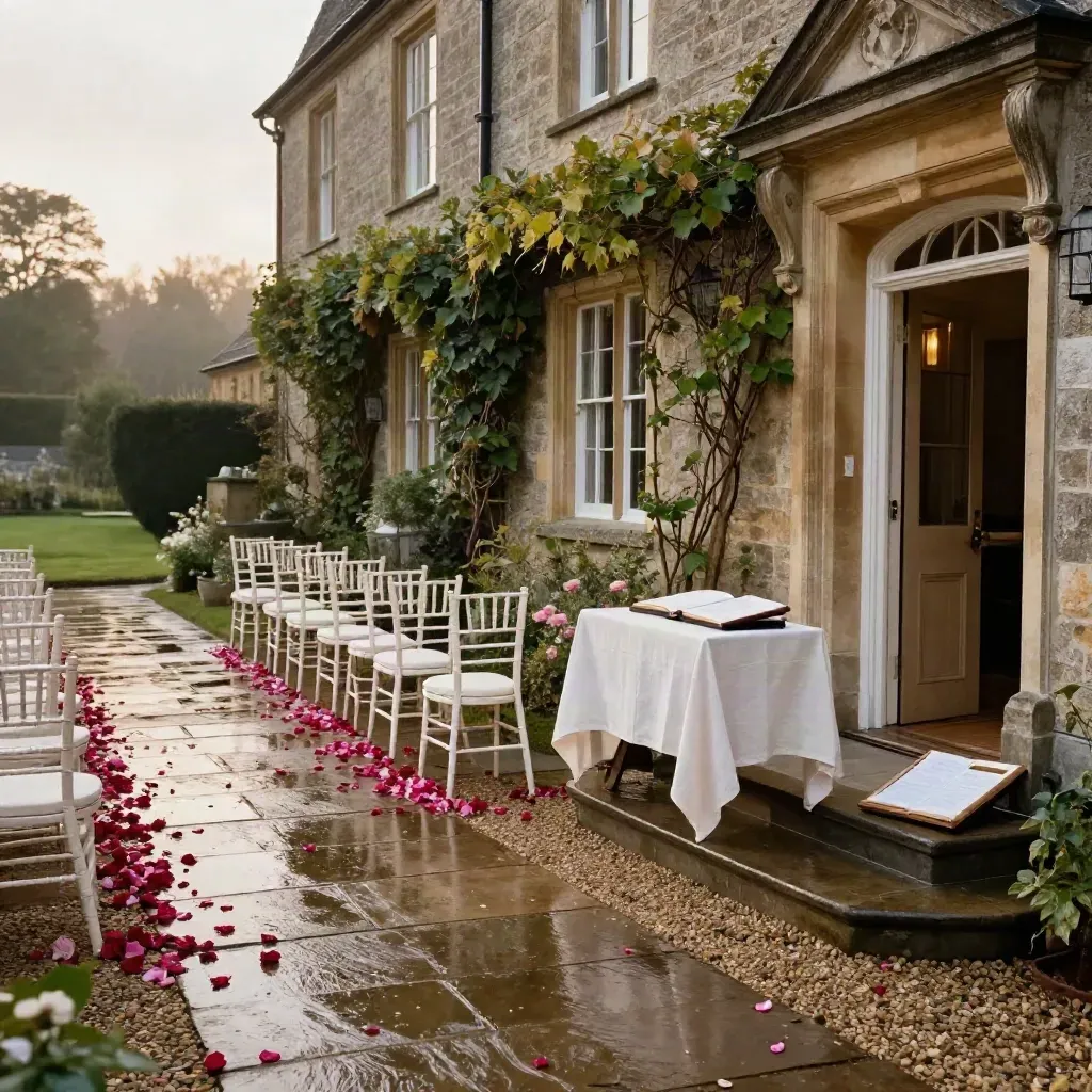 Rain-fresh manor ceremony aisle with ivory chairs, petals, linen table and album box
