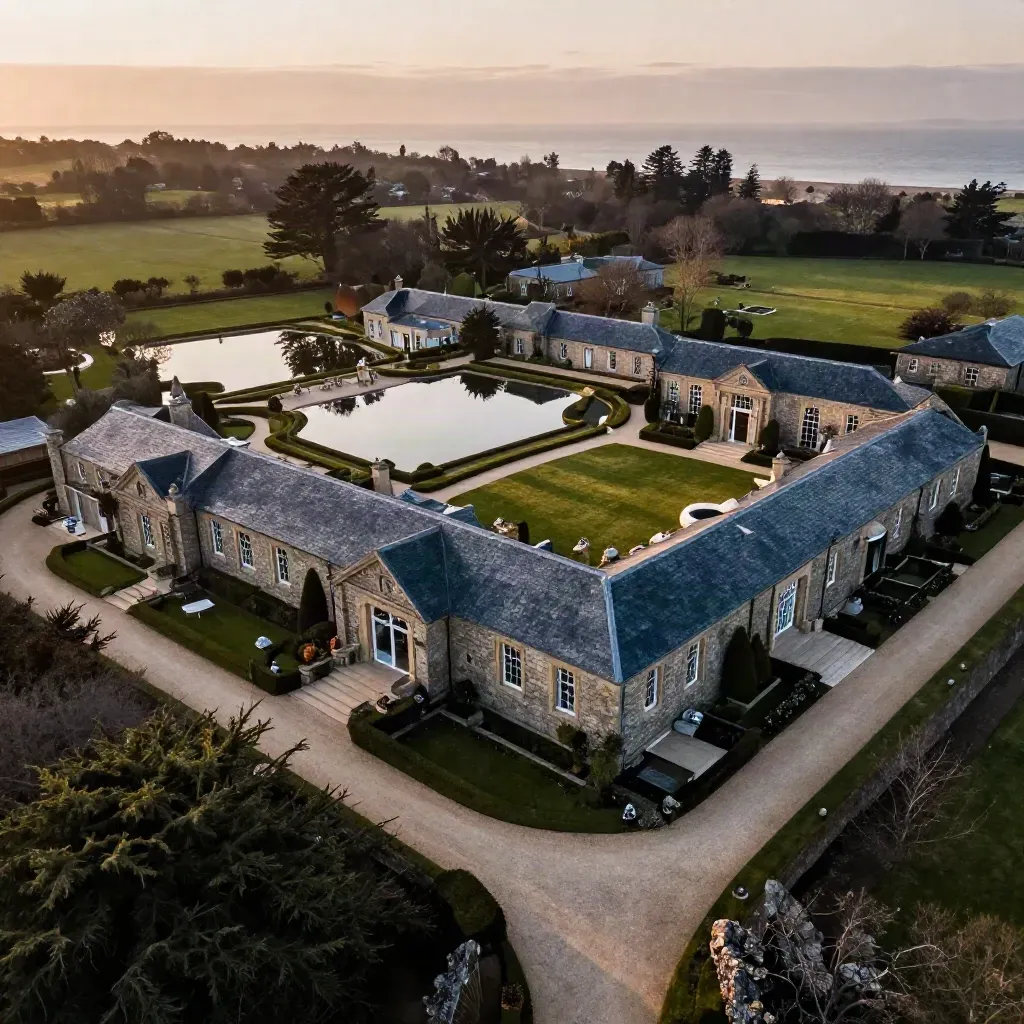 Top-down aerial of a coastal estate with lawns, lake, rooflines and a looping drive at dusk.