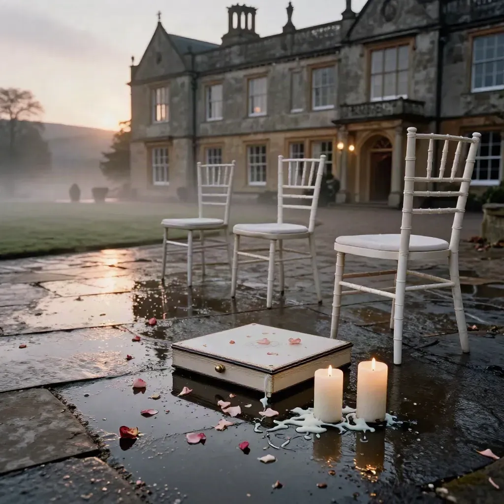 Rain-dark manor courtyard with album box, candle stubs, ivory chairs and rose petals.