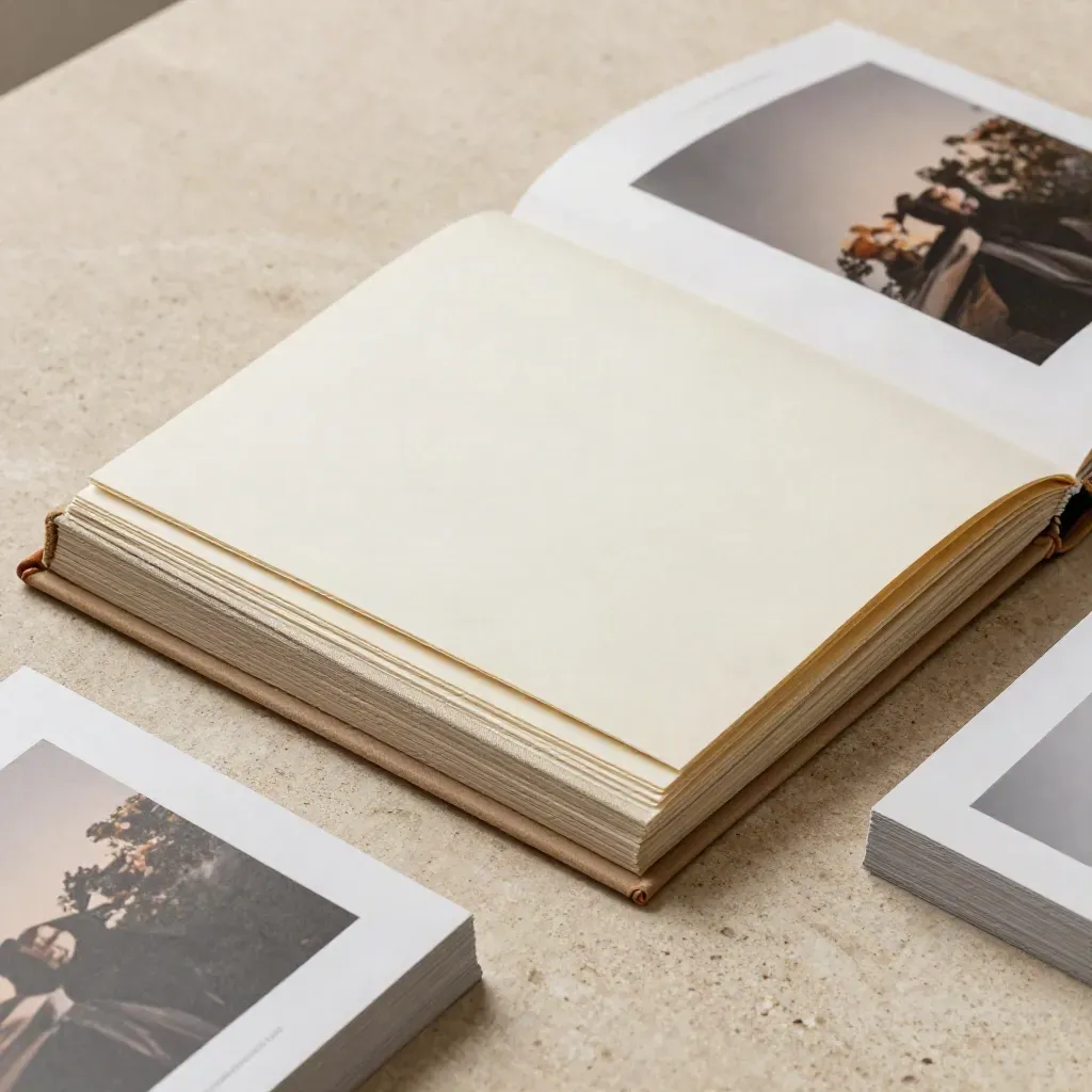 Top-down album design vignette with layflat spreads, linen boards, proof cards and stone table.
