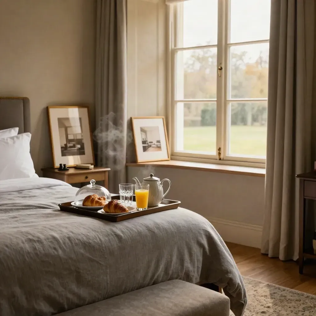 Refreshed Bath hotel suite with breakfast tray, crisp bed, and framed prints by a sash window.