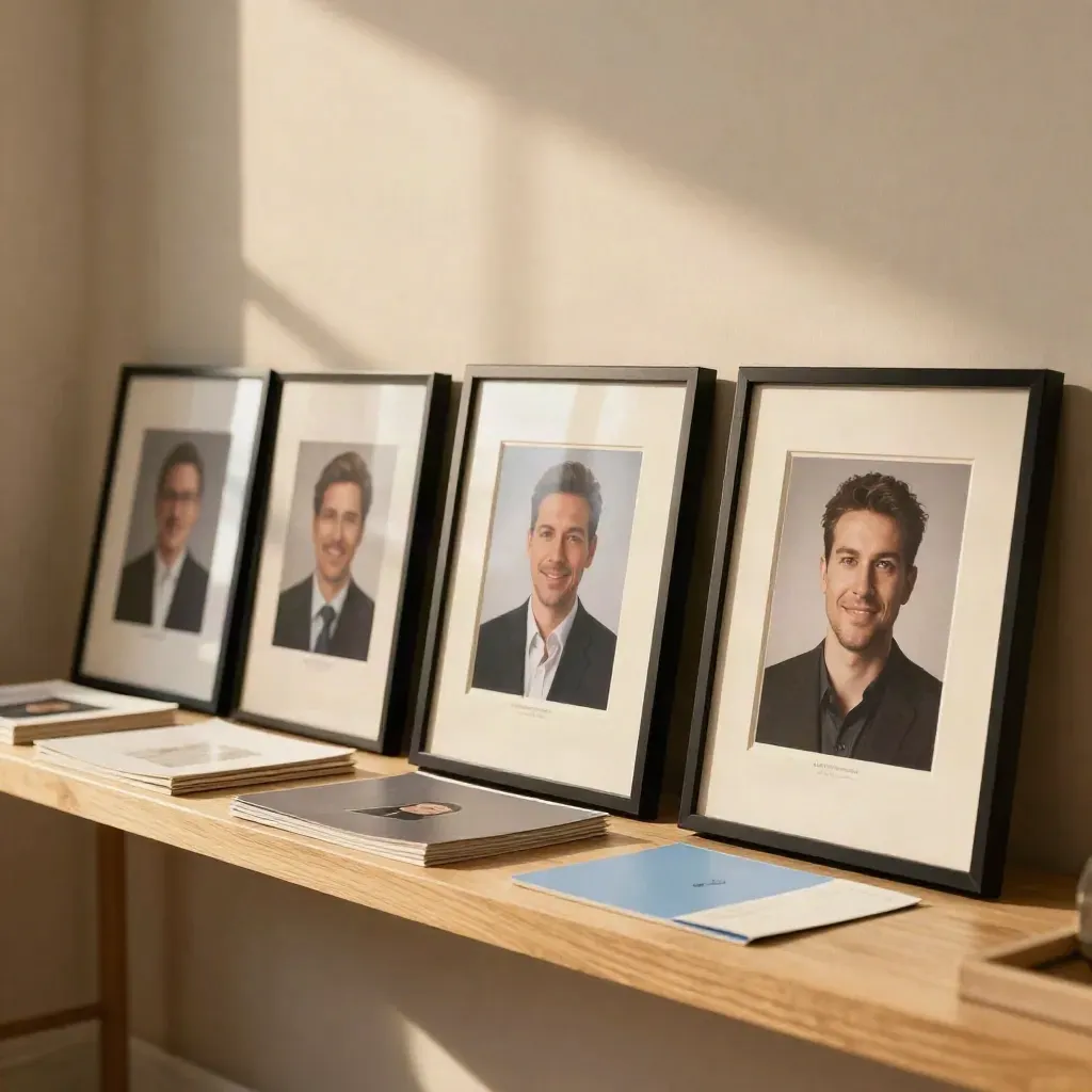 Framed headshot prints and matte folios lined on a shelf beside a backdrop roll.