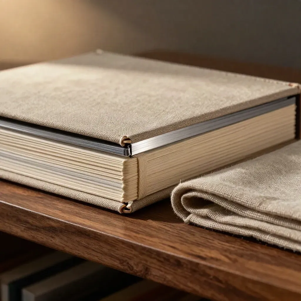 Macro still life of a stitched album, silver proof print, and linen swatch on a walnut shelf.