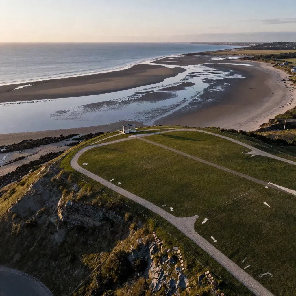 High aerial of a clifftop drone venue at dusk with lawn grids, marquee marks and a hazy shoreline.