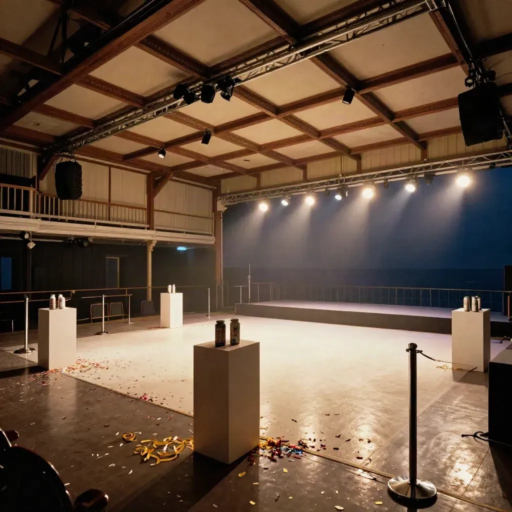 Empty Brighton launch venue with uplights, confetti, plinths and stage glow after midnight.