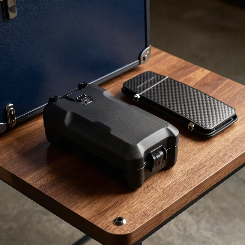 Drone battery, prop guards and landing pad tile in dramatic light on a kit surface.