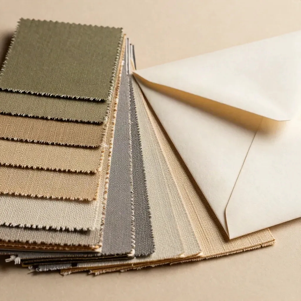 Top-down close-up of swatches, linen album samples and a bone-white proof envelope.
