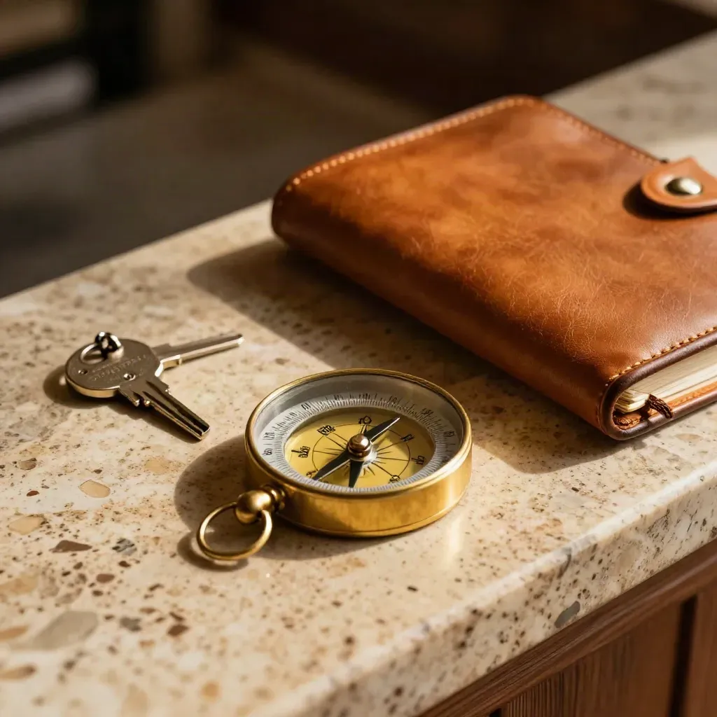 Brass compass, key fob, venue pin, and leather appointment book on a travertine ledge.
