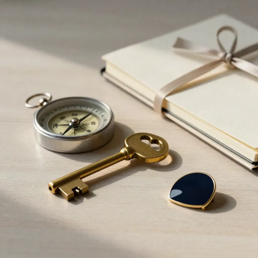 Brass key, compass, ribbon-tied notebook and venue pin on pale wood in soft side light.