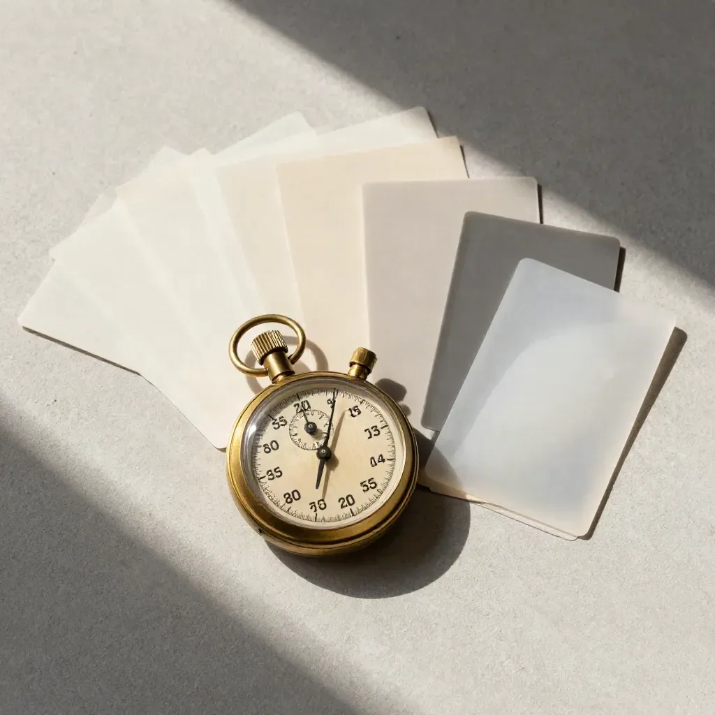 Brass stopwatch with blank frame mats and neutral gel swatches on pale concrete.