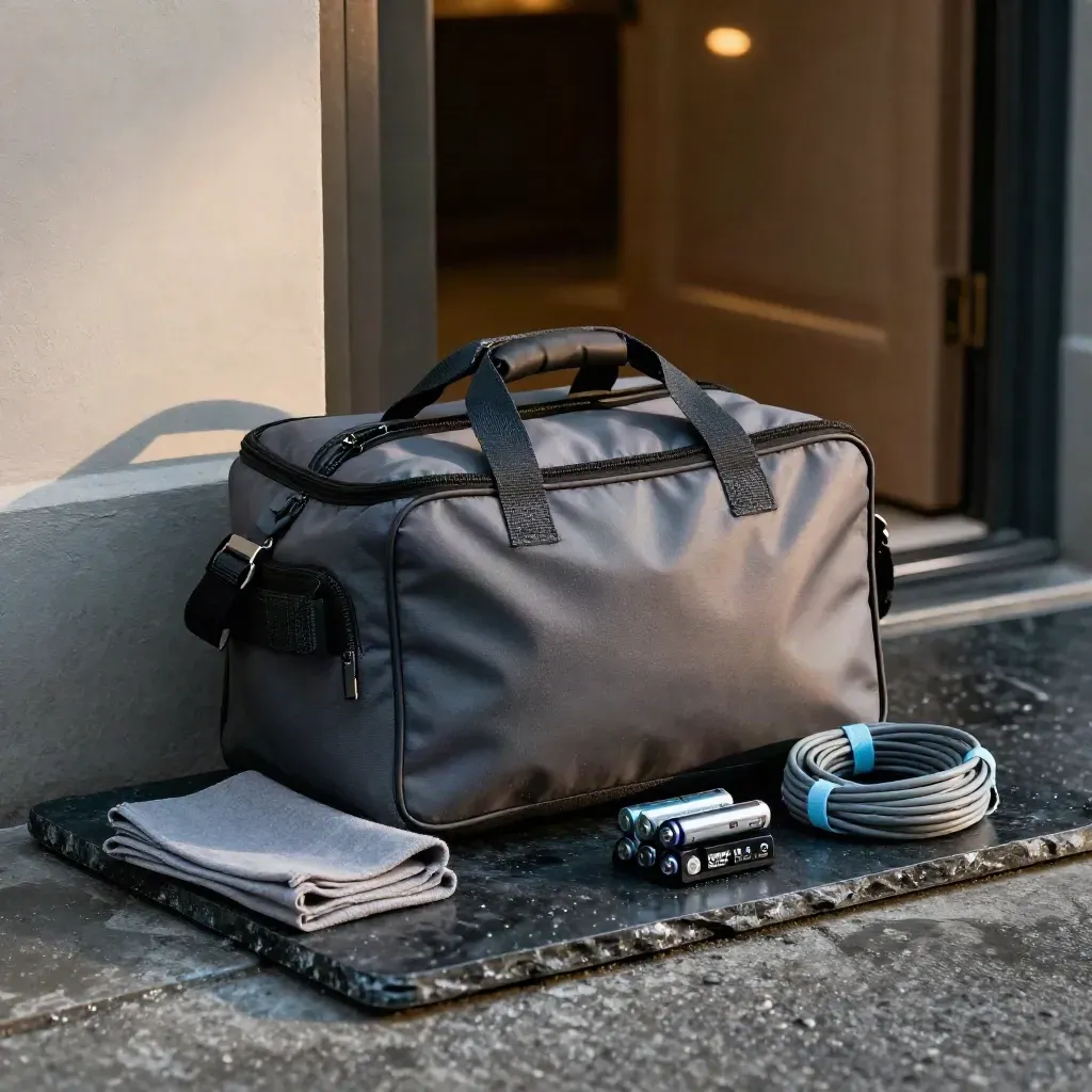 Open kit bag with batteries, cloths and cable on a dark tray at a venue threshold.