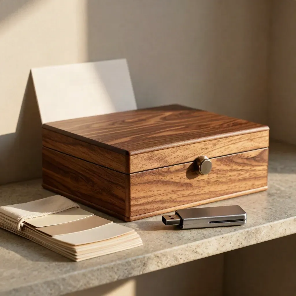 Walnut album box, USB drive, and proof swatches on a stone shelf with soft side light