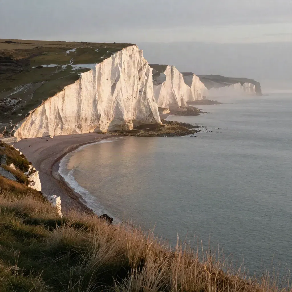 Seven Sisters chalk cliffs above a misty calm channel at sunset