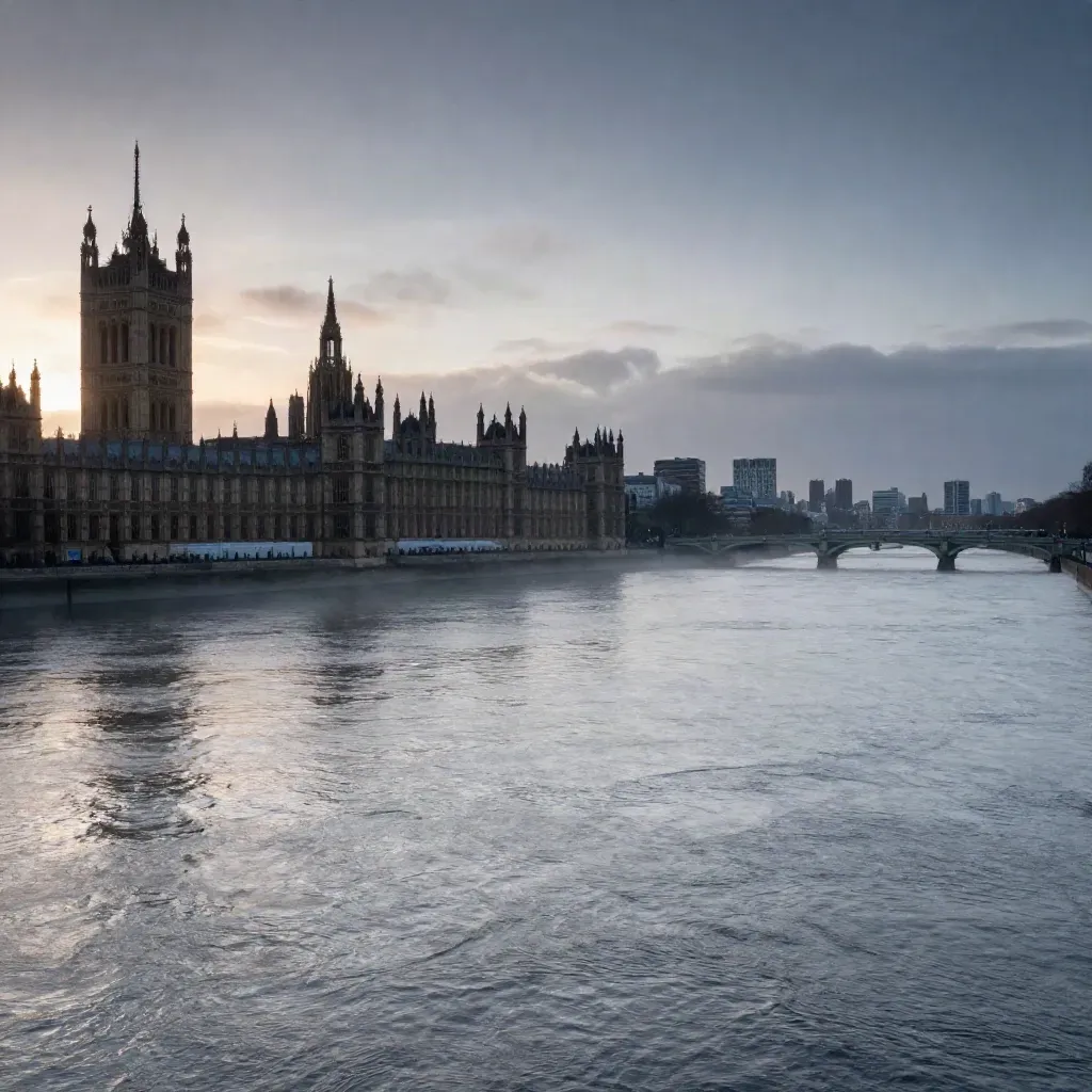 Westminster and the Thames at blue hour over calm misty water, wide and cinematic.