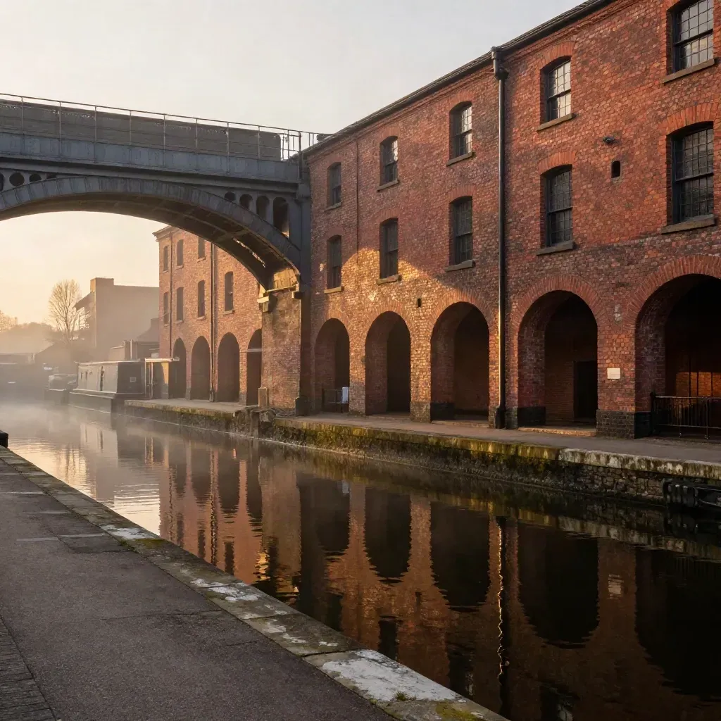 Hazy Birmingham viaduct and canal warehouses above a calm West Midlands waterway at dusk.