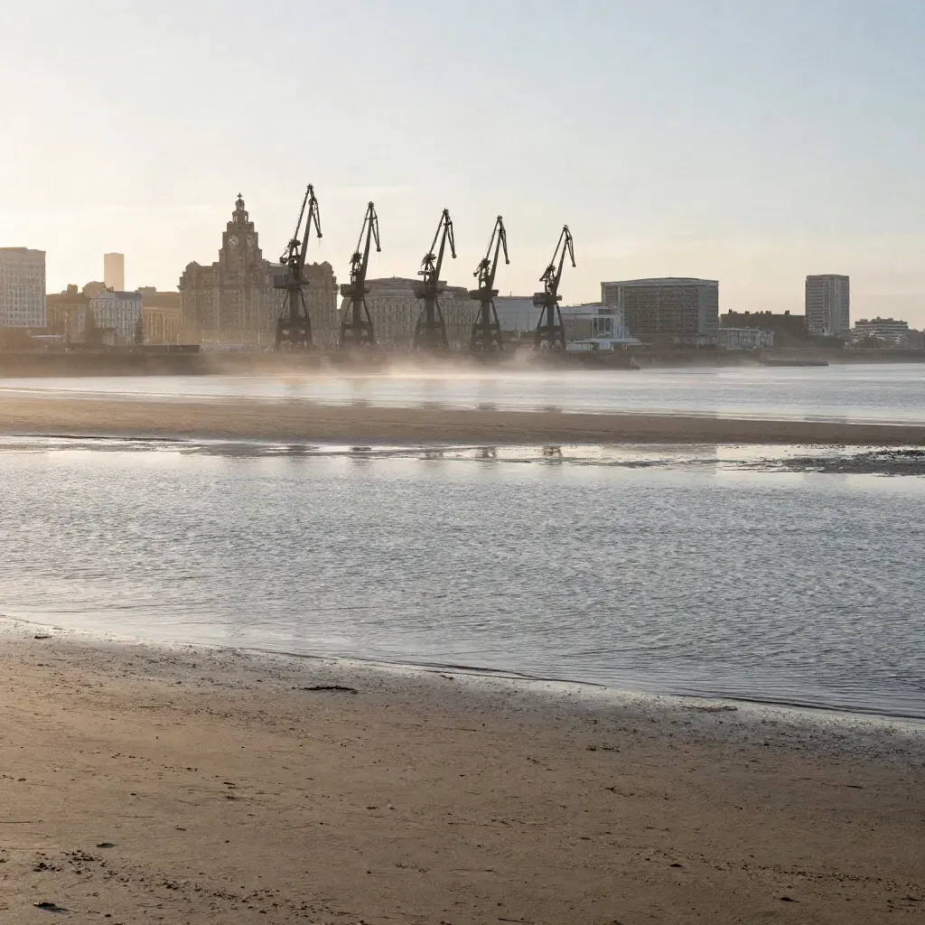 Liverpool waterfront silhouettes in Mersey haze above calm tidal flats at golden hour