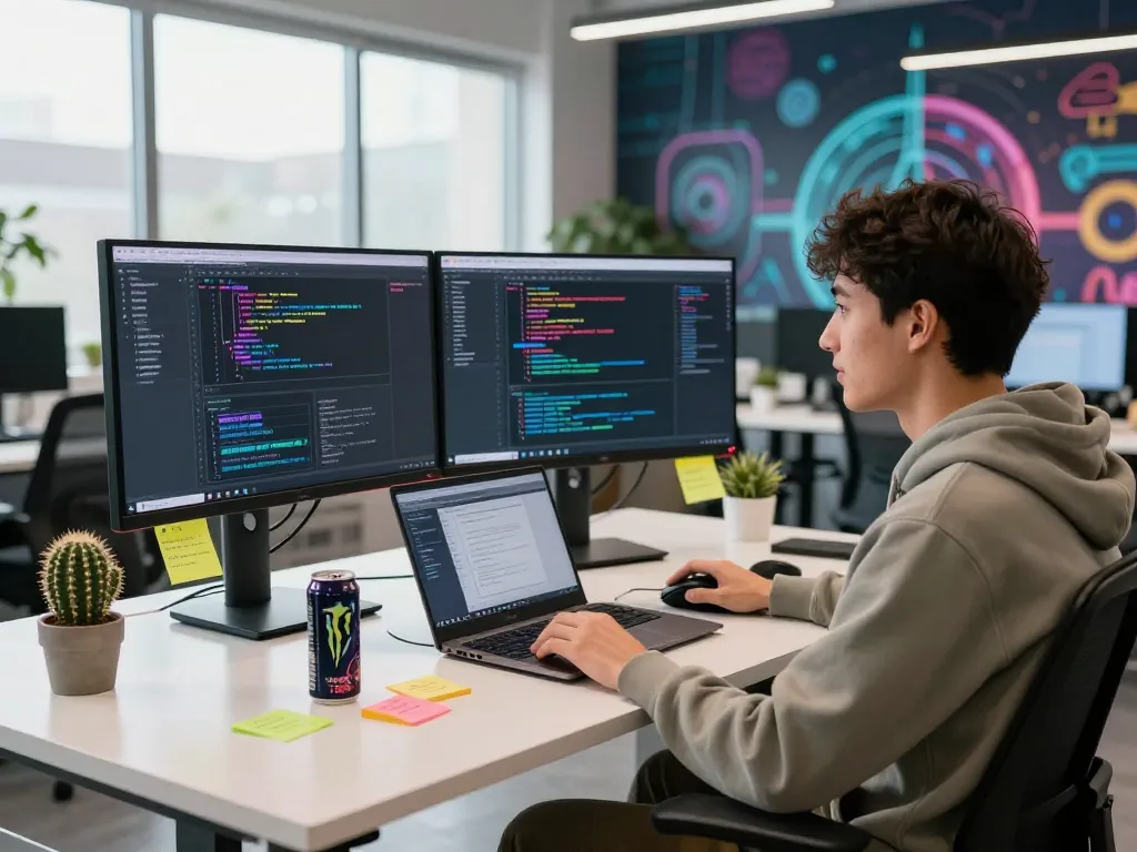 Engaging tech workspace with a developer coding and designing spicy AI algorithms in a vibrant office.