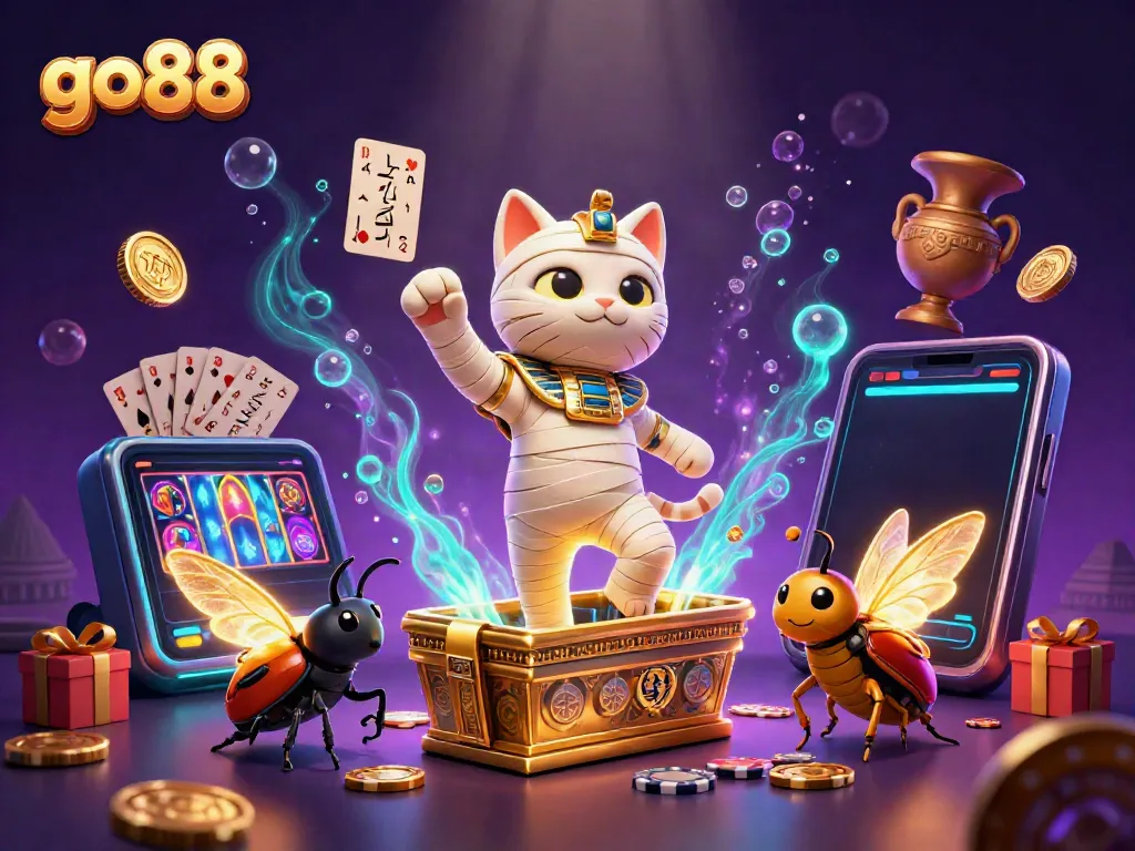 Experience the thrill of go 88 gaming with a lively scene featuring a mummy cat and golden scarab in a casino.