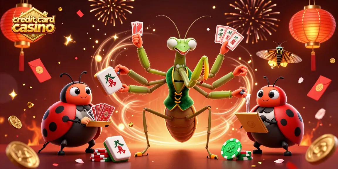 Engaging scene at a credit card casino with a mantis dealer and ladybug pit boss in a festive backdrop.