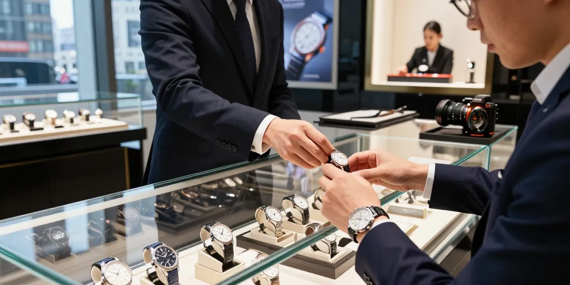 Luxury shopping for a replica watch among stunning timepieces in an upscale store.