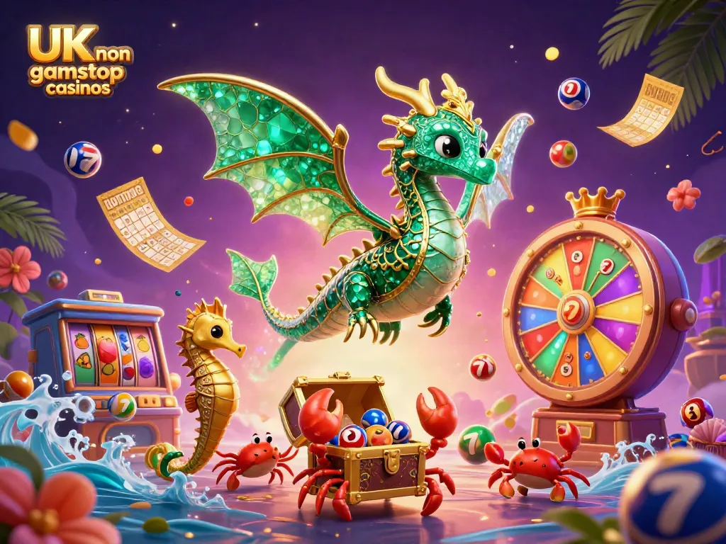 Engaging scene of UK non gamstop casinos featuring a magical sea dragon, vibrant lottery elements, and rich textures