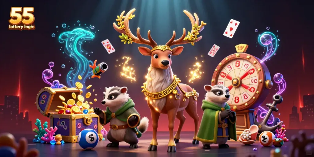 Engage in exciting gameplay with the 55 lottery login experience, featuring vibrant lottery elements and characters.