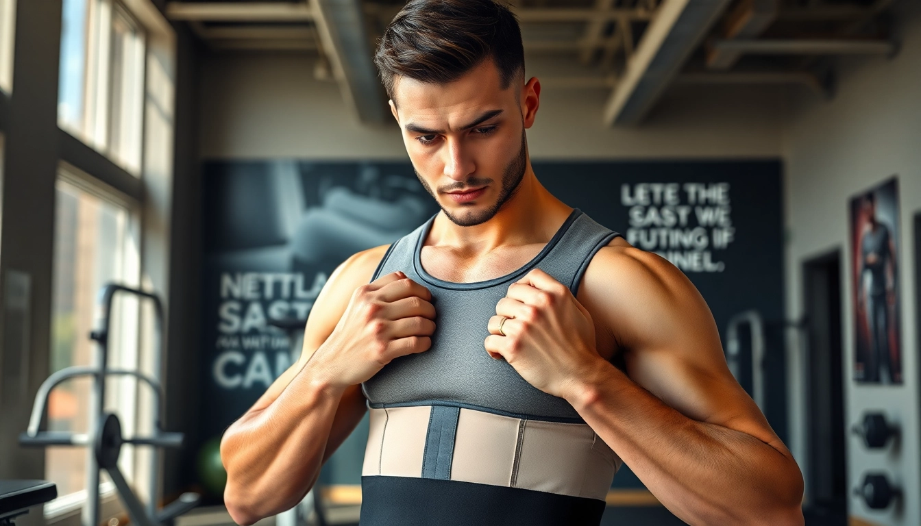 Man wearing a posture garment in a gym, demonstrating its features and support.