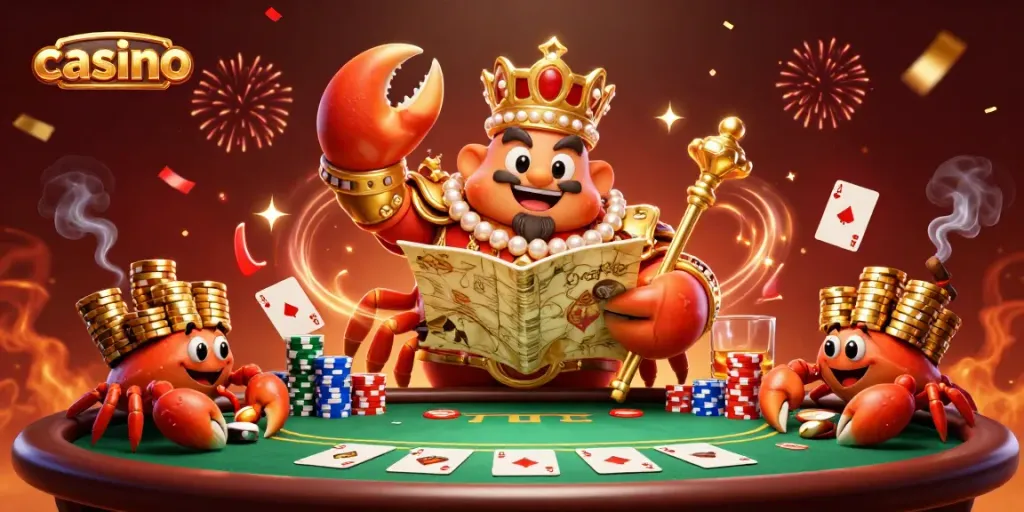 Experience the thrill of casino games with a vibrant 3D illustration of a golden crab emperor and poker elements.