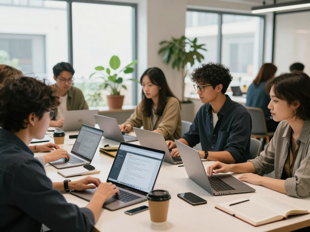Self-employed professionals collaborating in a vibrant co-working space, showcasing their services and networking opportunities.