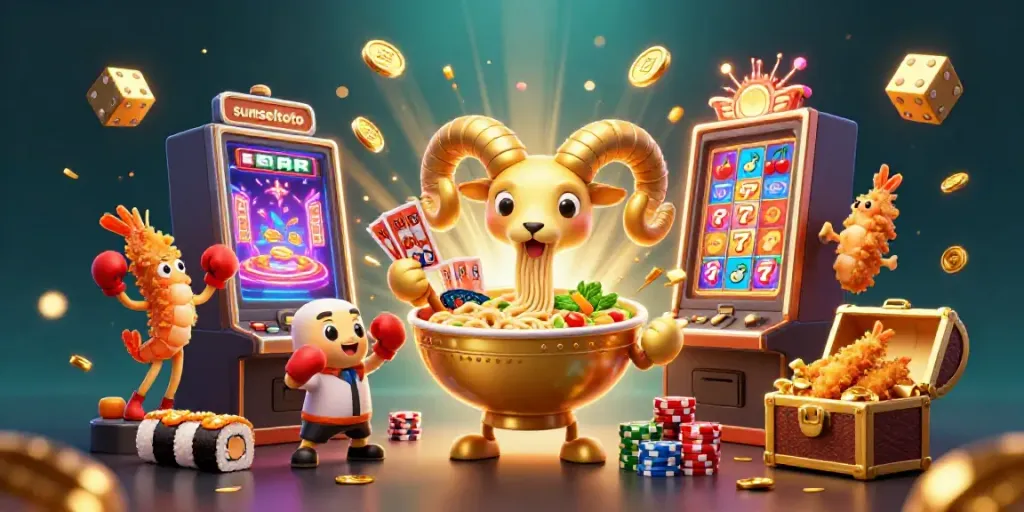 Engage in the excitement of sumseltoto with a playful 3D illustration of a giant ramen bowl dealer amidst colorful casino elements.