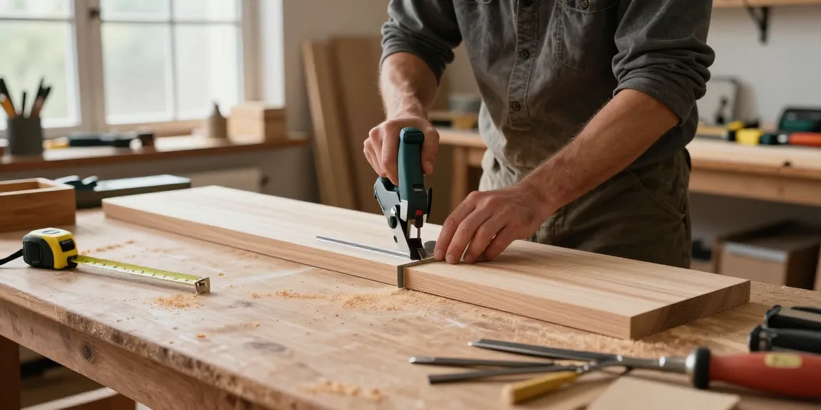 Craftsman using a hand mitre saw in a well-organized workshop for precise wood cutting.