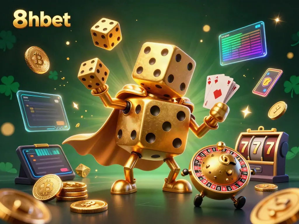 Experience thrilling action with 8xbet as a golden dice golem juggles winnings in this vibrant casino scene.