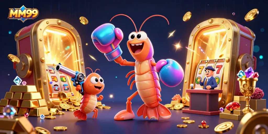 Experience excitement at MM99 Casino with vibrant shrimp characters in a treasure-filled scene.