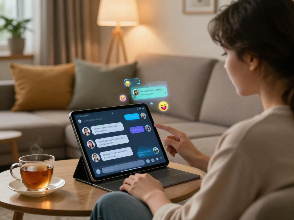 Engaging with ai chat porn interface in a cozy home setup, showcasing modern technology interaction.