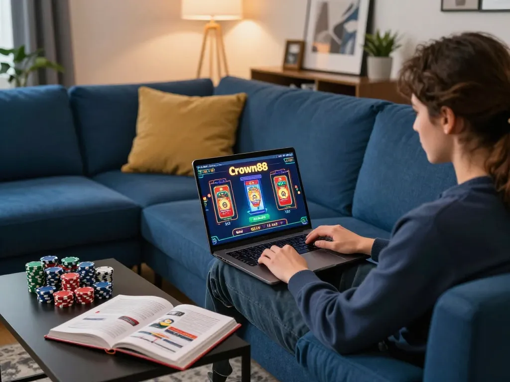 Crown88 player engaged in online gaming on a laptop surrounded by strategy notes in a cozy living room.