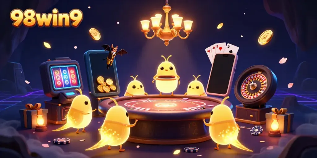 Experience the thrill of 98win9 casino with glowworms lighting up a vibrant scene featuring slots and poker.