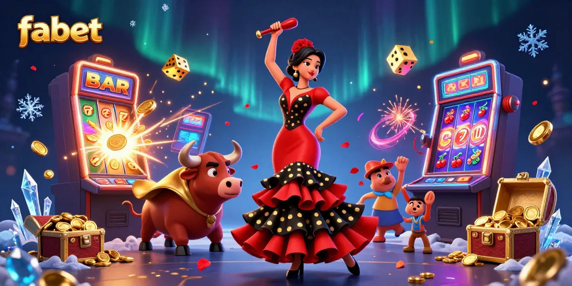 Engage with fabet's exciting casino atmosphere filled with slot machines, dancing, and winning elements.