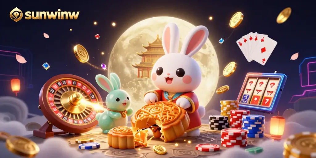 Spin and win at sunwinw with a magical moon rabbit revealing poker treasures.