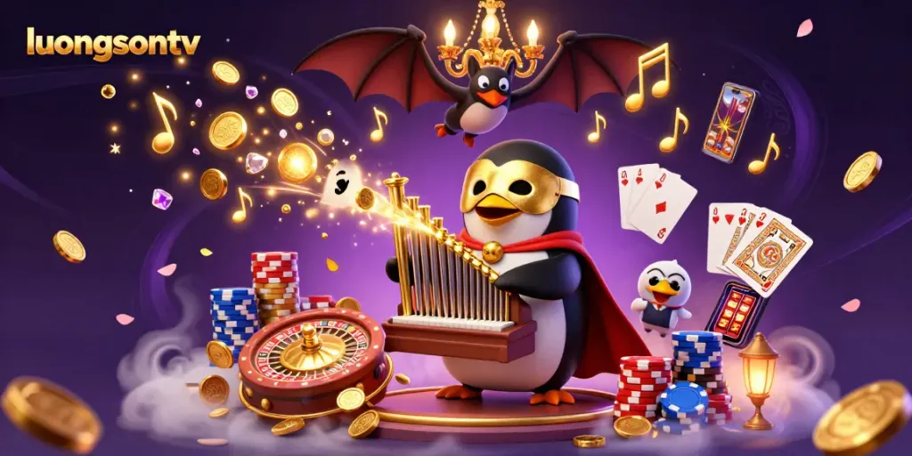 Join the excitement with luongsontv as a penguin orchestrates a casino scene filled with golden coins and vibrant jewels.