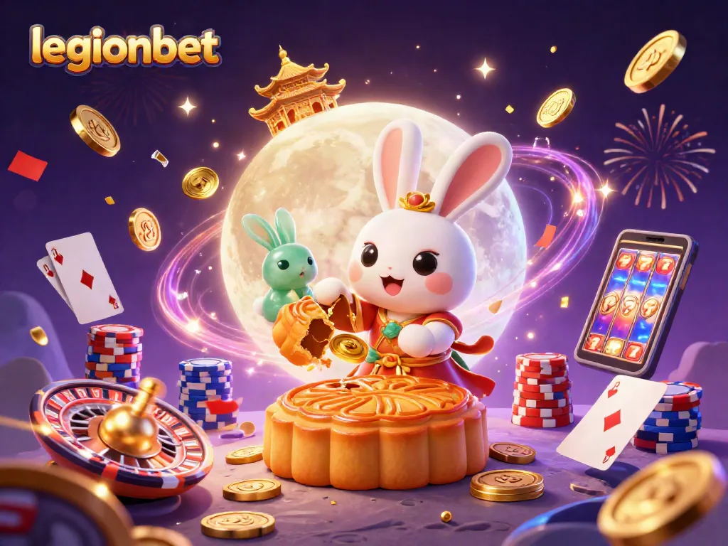 Engage with legionbet's thrilling casino adventure featuring a moon rabbit, poker chips, and festive elements.