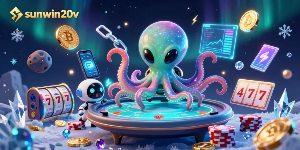 Engage in thrilling casino action with sunwin20v's alien octopus and poker chips in a vibrant 3D scene.