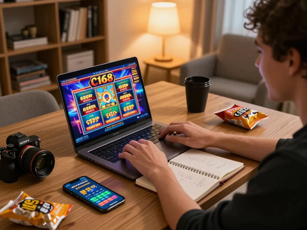 C168 slots game in action on a laptop with vibrant graphics, showcasing strategic home gambling scenario