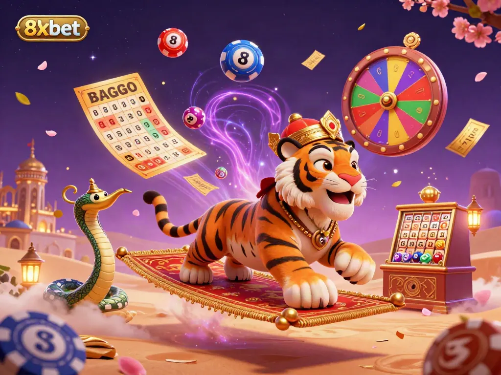 Experience the magical world of 8xbet with a vibrant illustration of a flying carpet and casino elements.