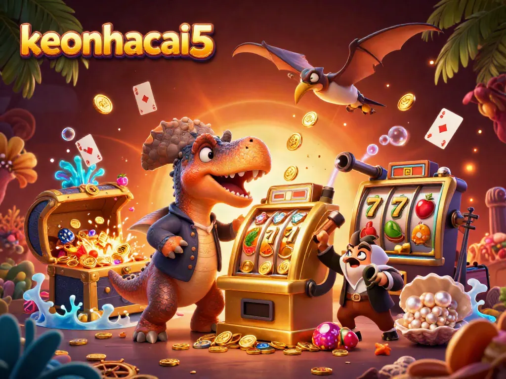 Capture slots action with keonhacai5: Dinosaur winning coins from a golden slot machine.