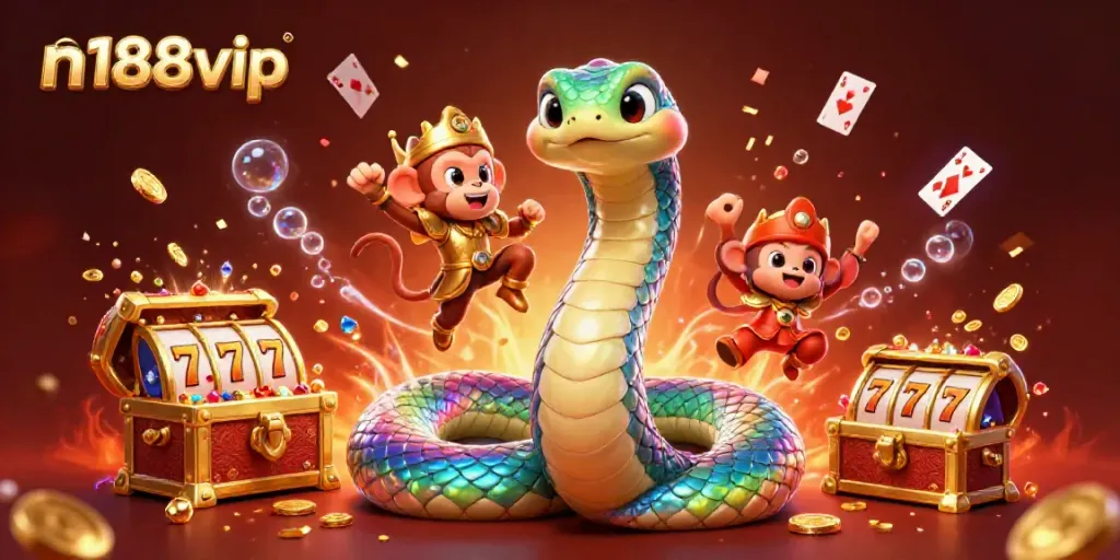 Experience gaming excitement with n188vip's vibrant 3D serpent and monkey king, featuring slot elements and festive confetti.