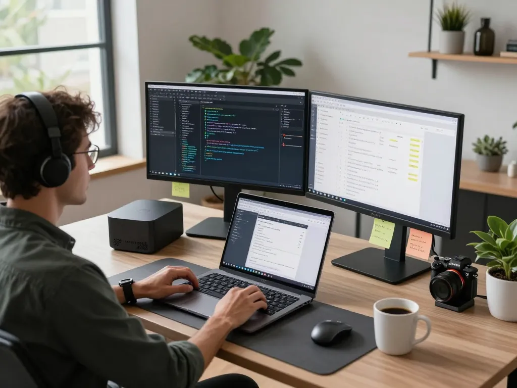 Developer working with a Mac Mini setup in a modern tech workspace, highlighting code and collaborative tools.