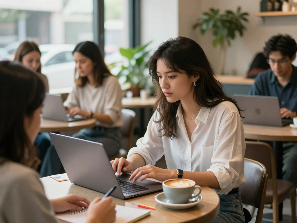 AI slut insights shared by a woman in a coffee shop, highlighting technology trends.