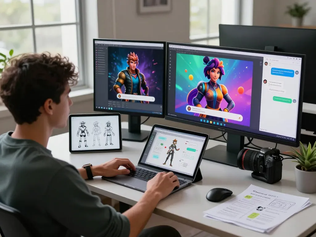 Dynamic workspace showcasing character design and AI chat development, highlighting crush on ai innovation.