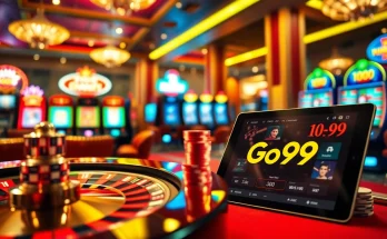 Go99 exciting online gambling experience with poker chips and roulette wheel.