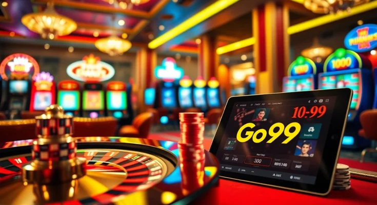 Go99 exciting online gambling experience with poker chips and roulette wheel.